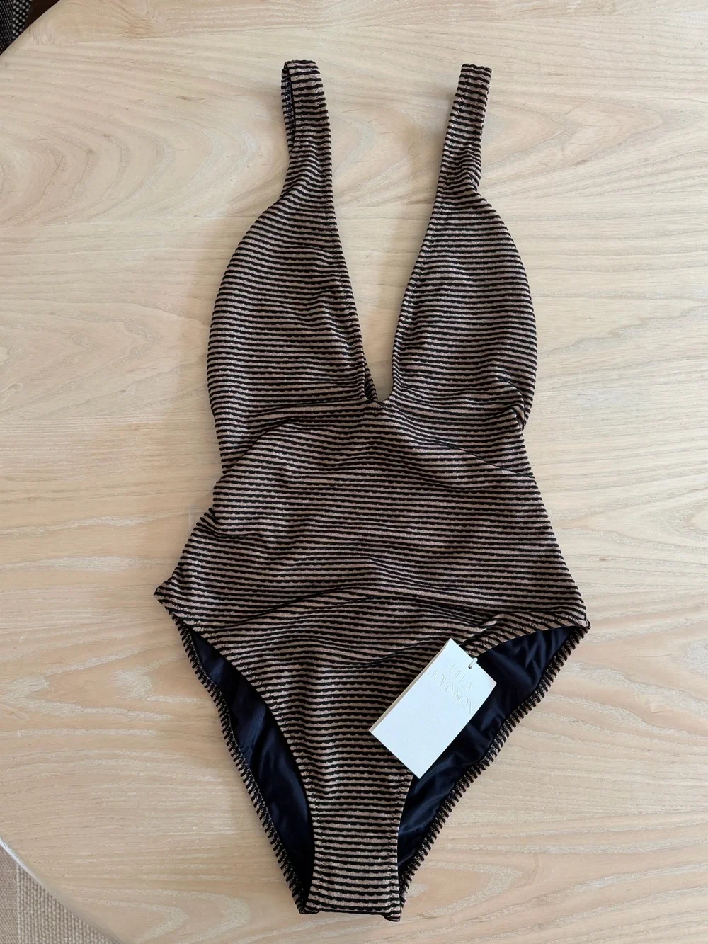 NWT Ulla Johnson Metallic Brown and Black Striped One-Piece Swimsuit LARGE
